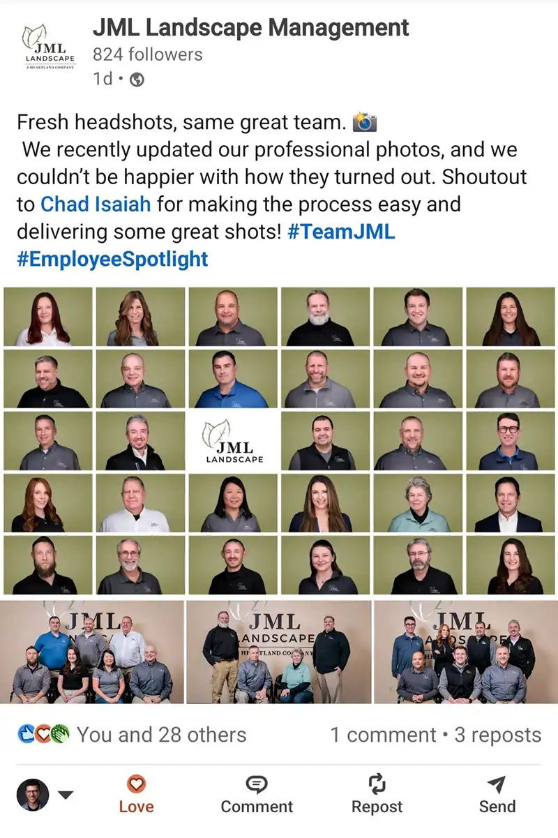 JML Landscape Management LinkedIn post showcasing new professional team headshots by Chad Isaiah Studios