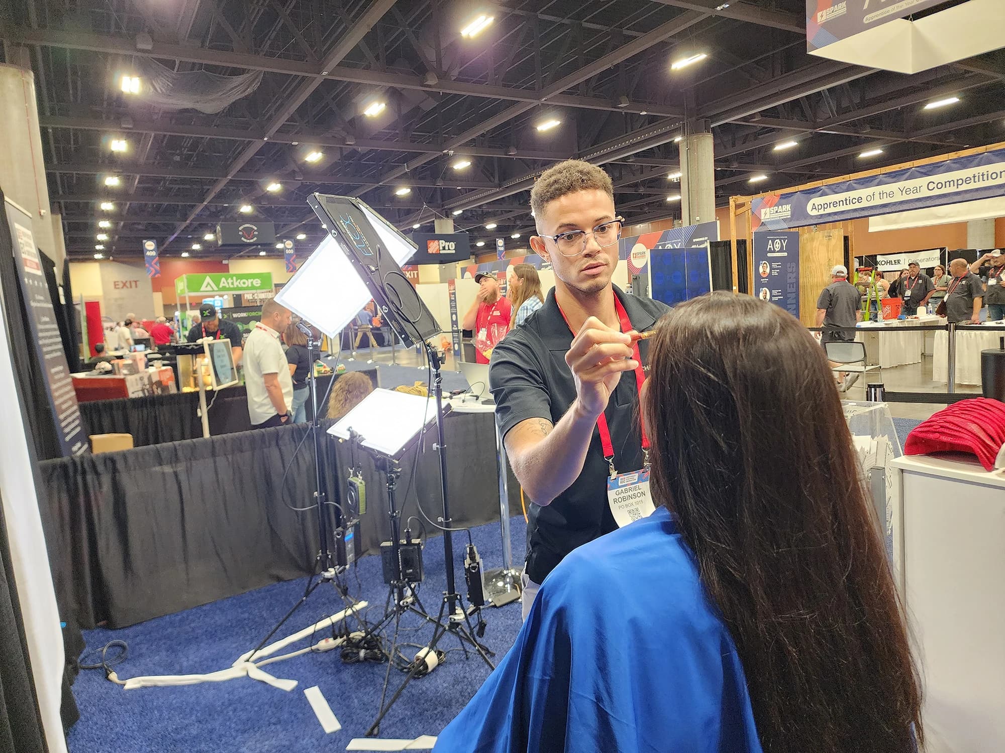 Hair and makeup touch-up station at headshot lounge